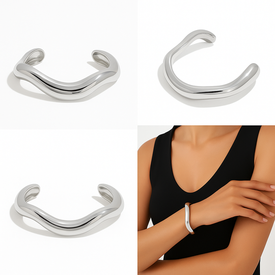 Silver Wave Cuff Bracelet front view – stainless steel with silver finish, 6.5" opening, ¼" wide