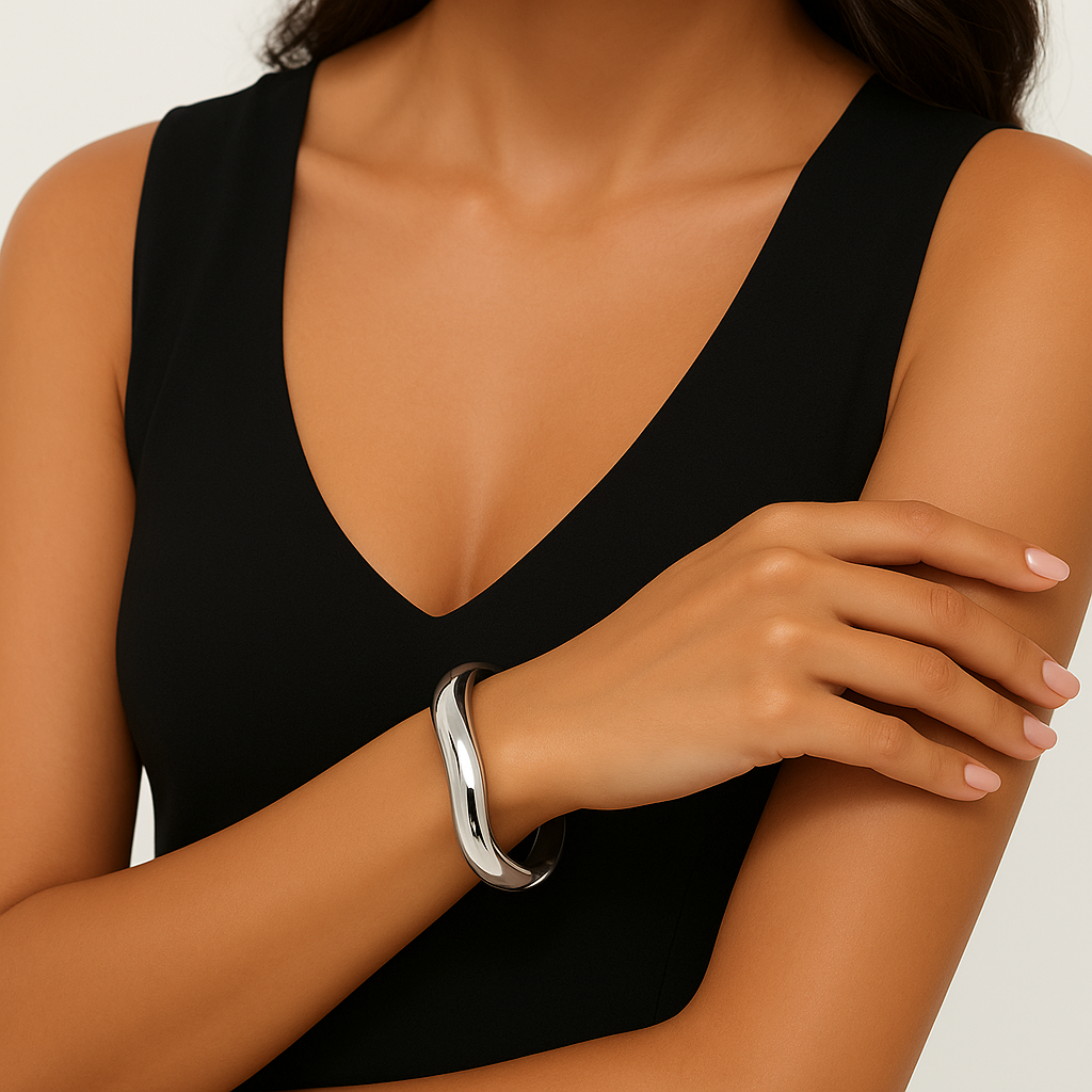 Silver Wave Cuff Bracelet lifestyle wrist Model 05 – stainless steel silver cuff, boutique styling