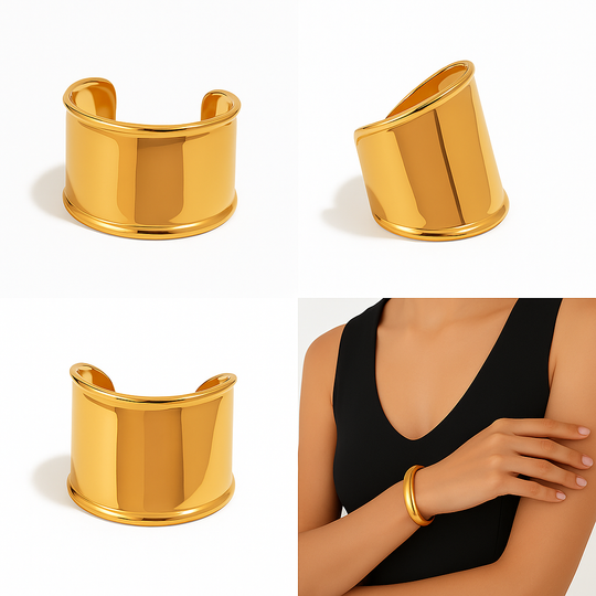 Antonia Cuff Bracelet front view – sculptural wide gold cuff, stainless steel with gold plating, 6" opening, 2" wide on white background