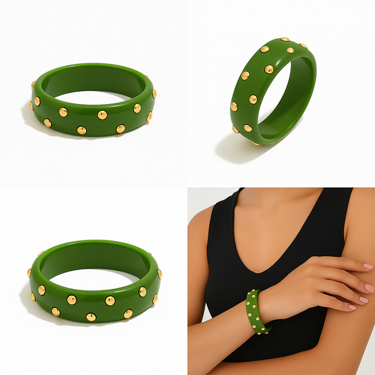 Green lucite studded bangle with gold-plated stainless steel studs – Le’ Diva Boutique