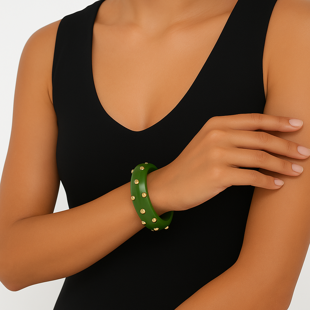 Green lucite studded bangle with gold-plated stainless steel studs – Le’ Diva Boutique