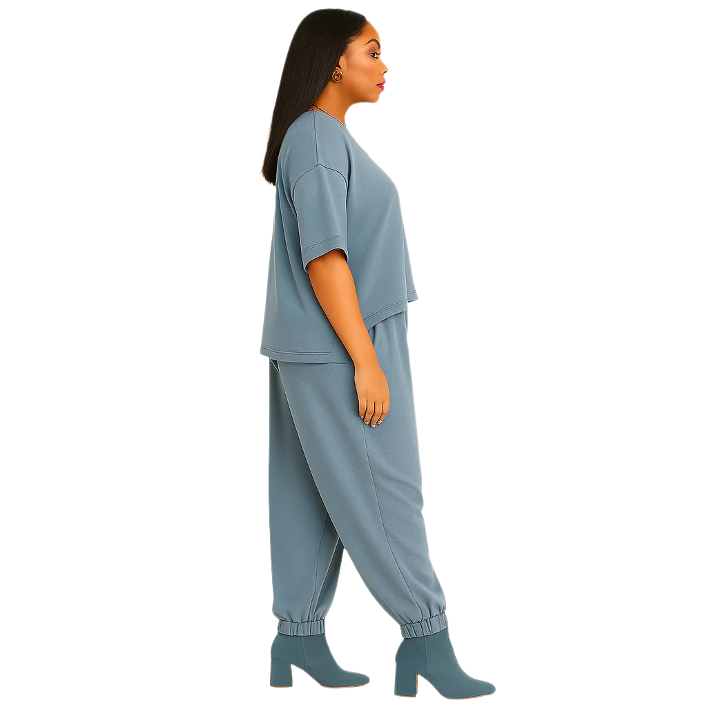 Woman wearing a blue outfit on a white background