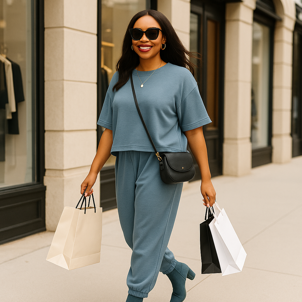 Woman in a blue outfit with shopping bags on a city street