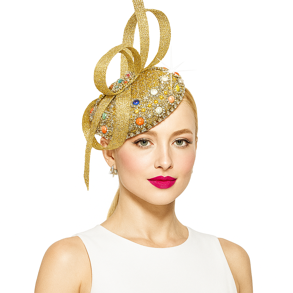 Gold Fascinator with Gemstones & Pearls Le Diva Boutique Gold Fascinator with Gemstones & Pearls Le Diva Boutique