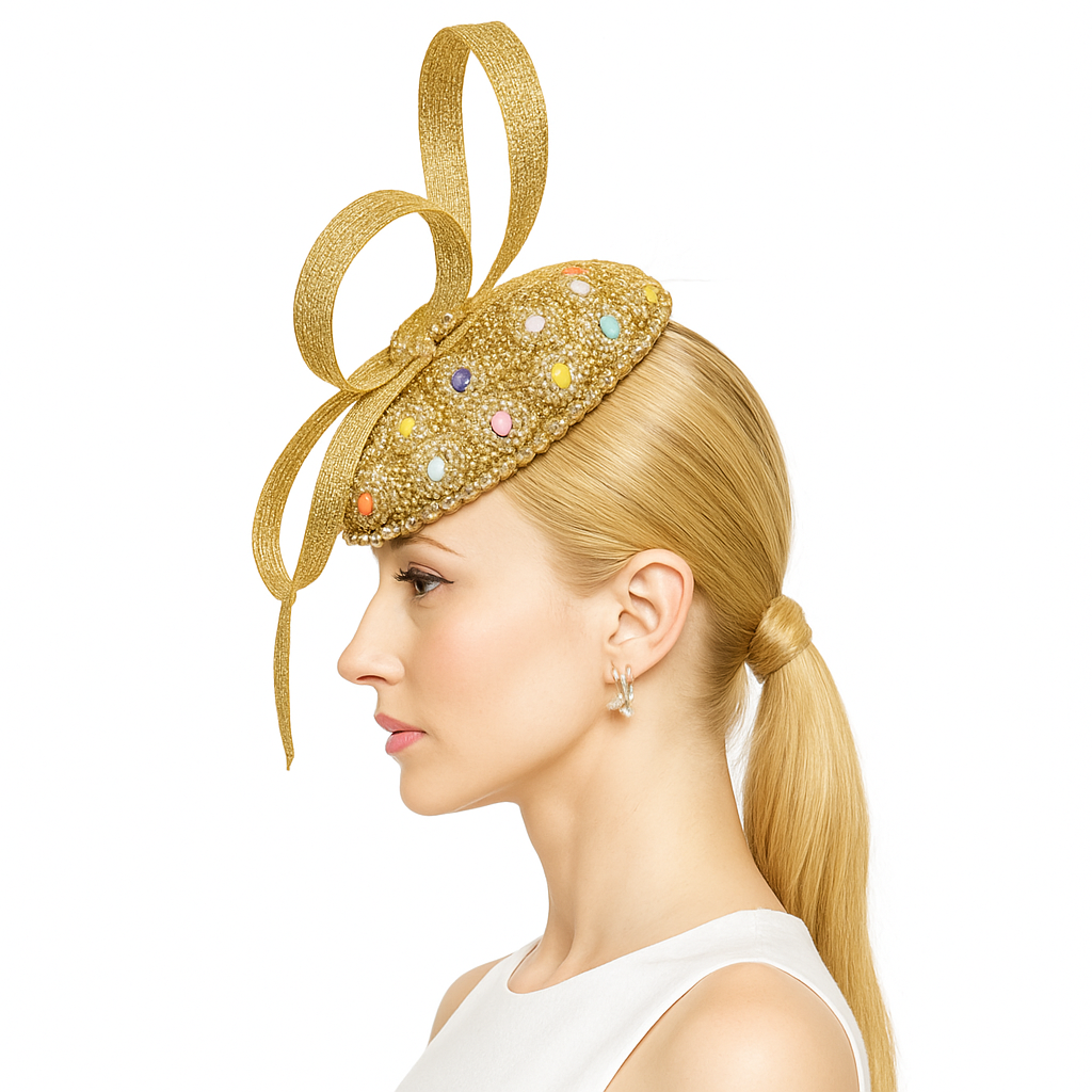 what colour fascinator with gold dress Favour