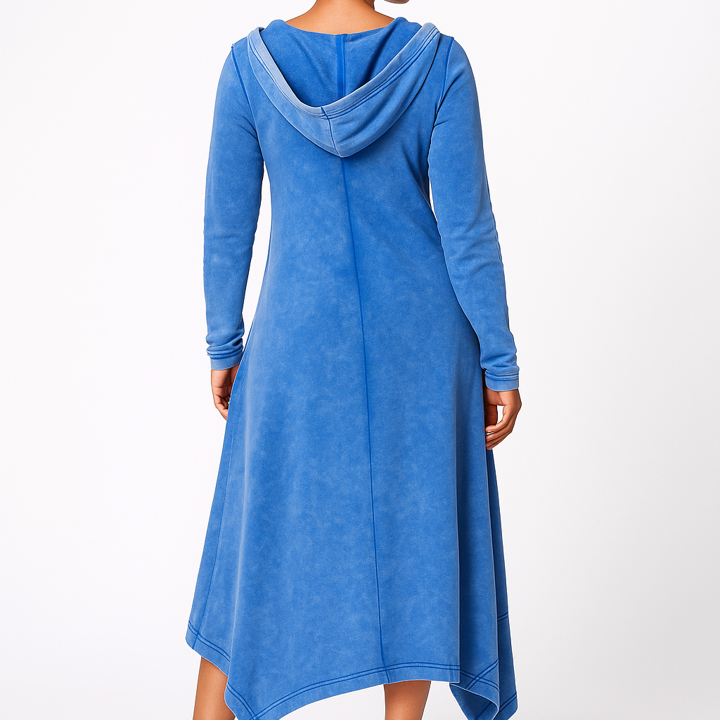 Woman wearing a blue dress with a hood on a white background