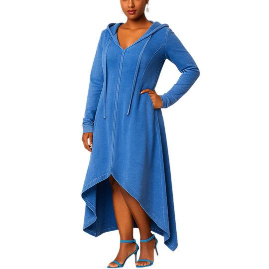Woman wearing a blue hooded dress on a white background