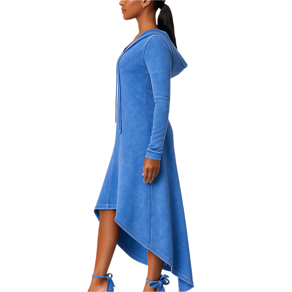 Woman wearing a blue dress with a hood on a white background