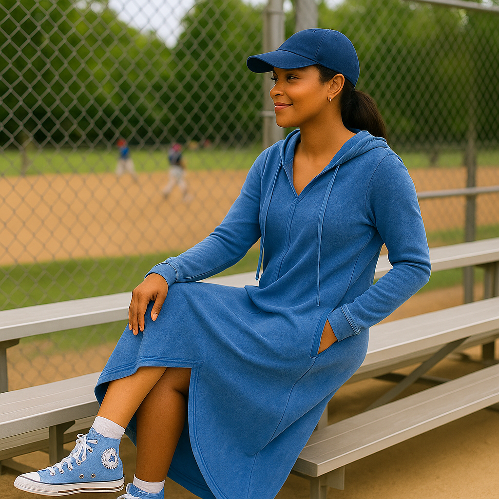 Woman in a blue dress and cap sitting on a bench at a baseball field