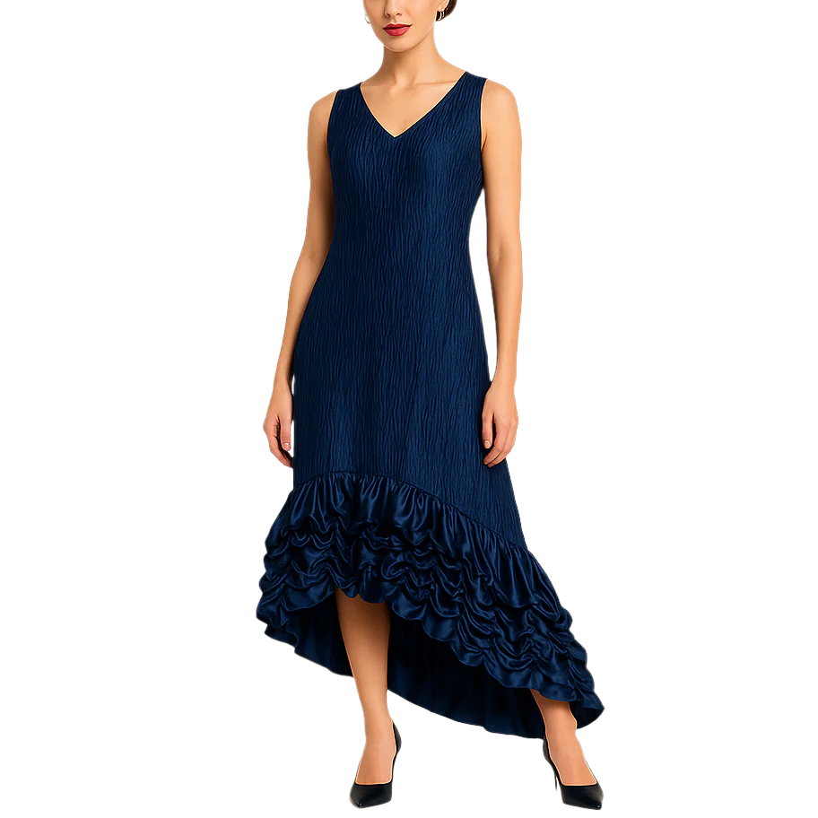 Woman wearing a navy blue dress with ruffled hem on a beige background