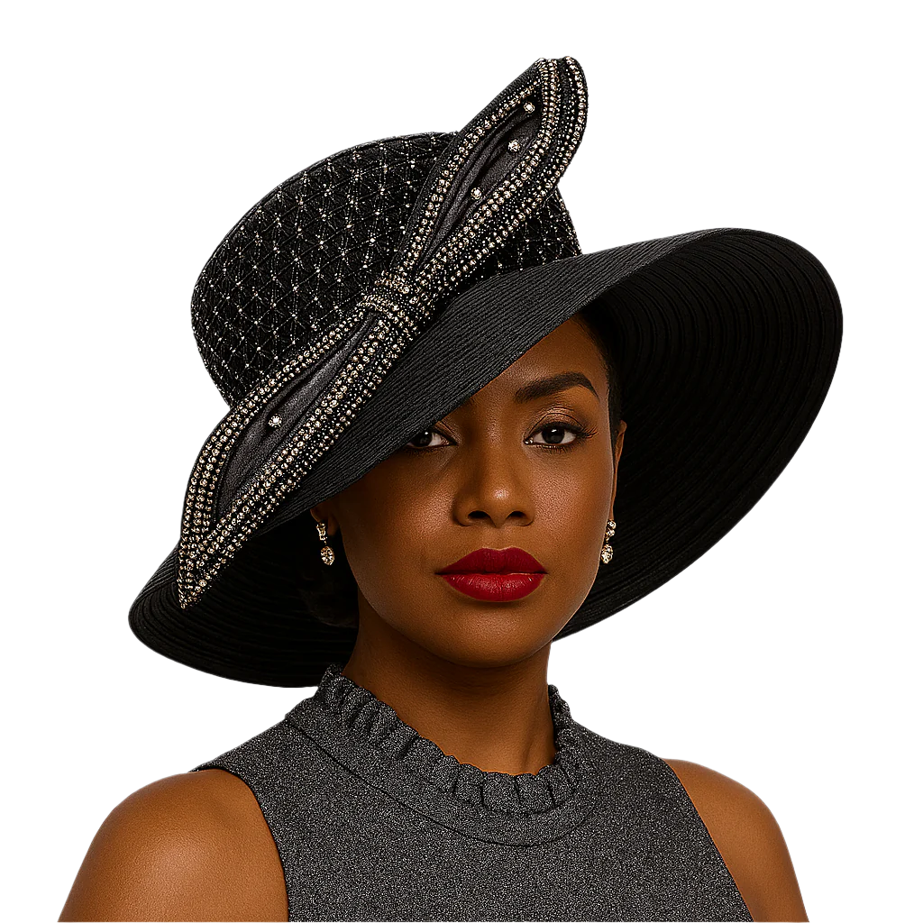 Woman wearing a black hat with decorative elements on a white background