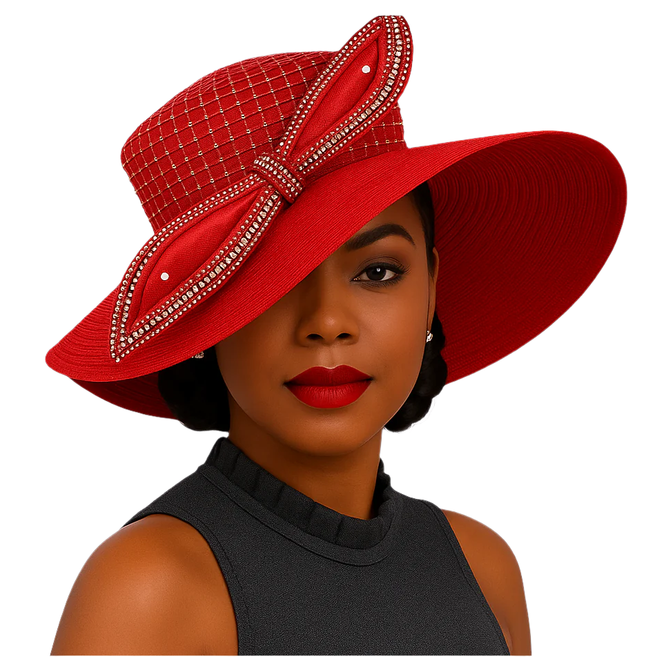 Woman wearing a red hat with a decorative bow on a white background