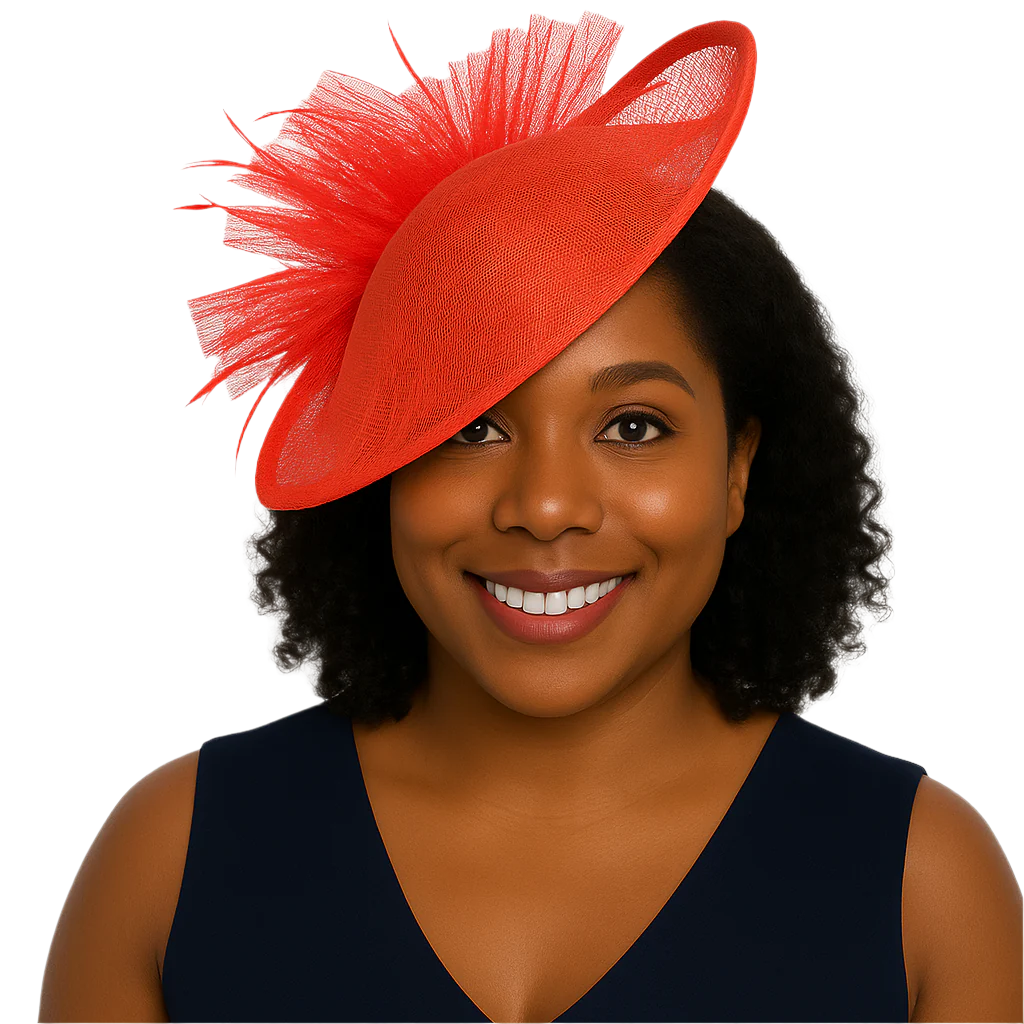 Woman wearing a red hat with a feather on a white background