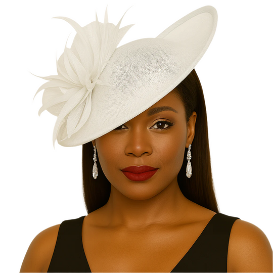 Woman wearing a white decorative hat with a feather on a plain background