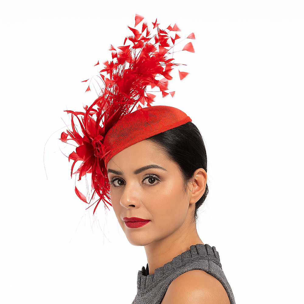 Woman wearing a red feathered hat on a white background