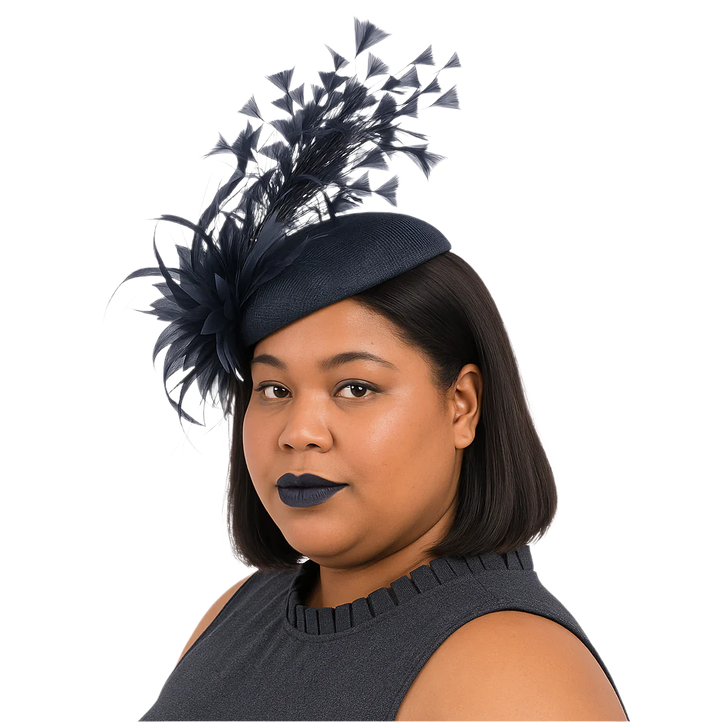 Woman wearing a navy blue fascinator with decorative elements on a white background