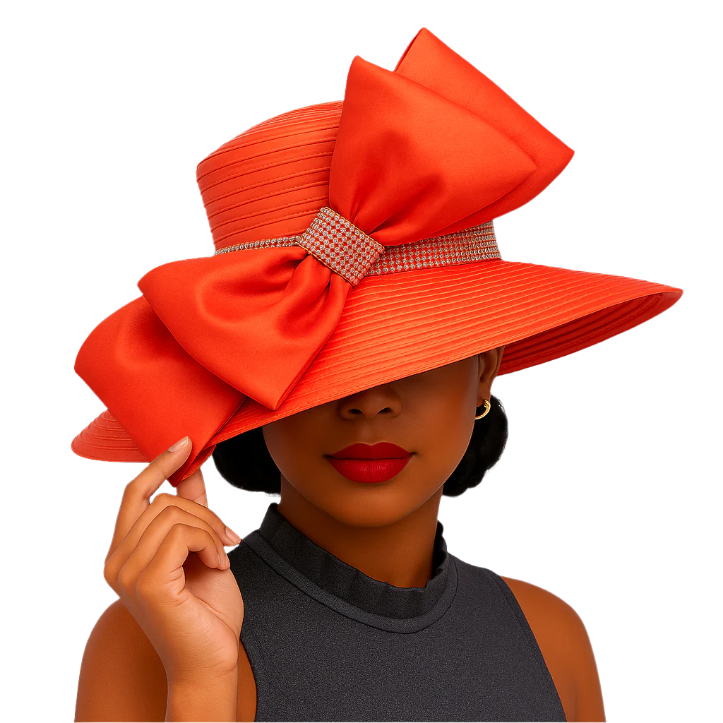 Woman wearing a large orange hat with a bow on a light purple background
