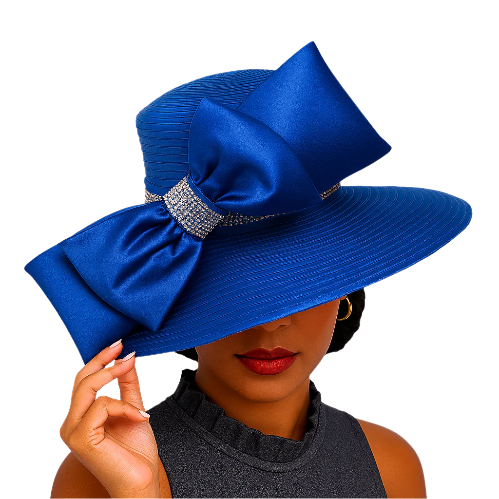 Blue hat with a large bow worn by a model on a light purple background