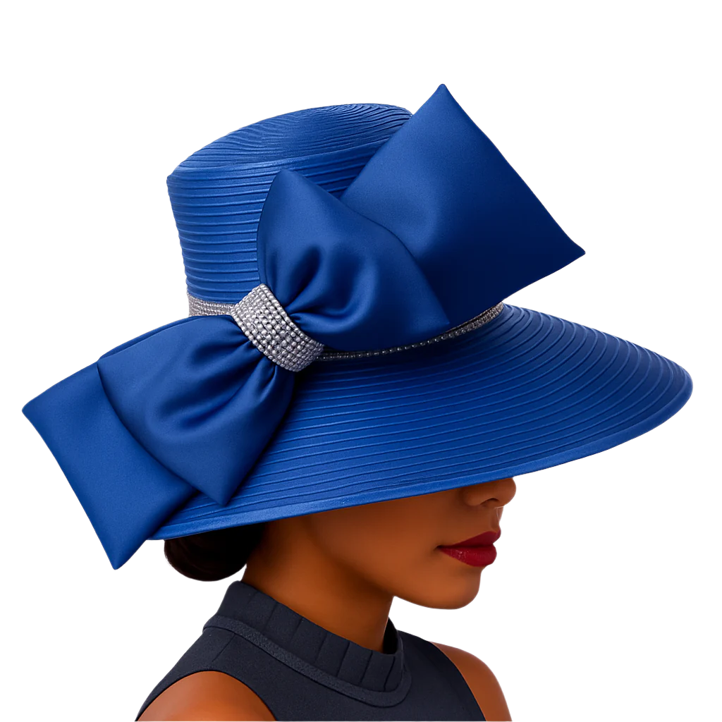 Blue hat with a large bow on a white background