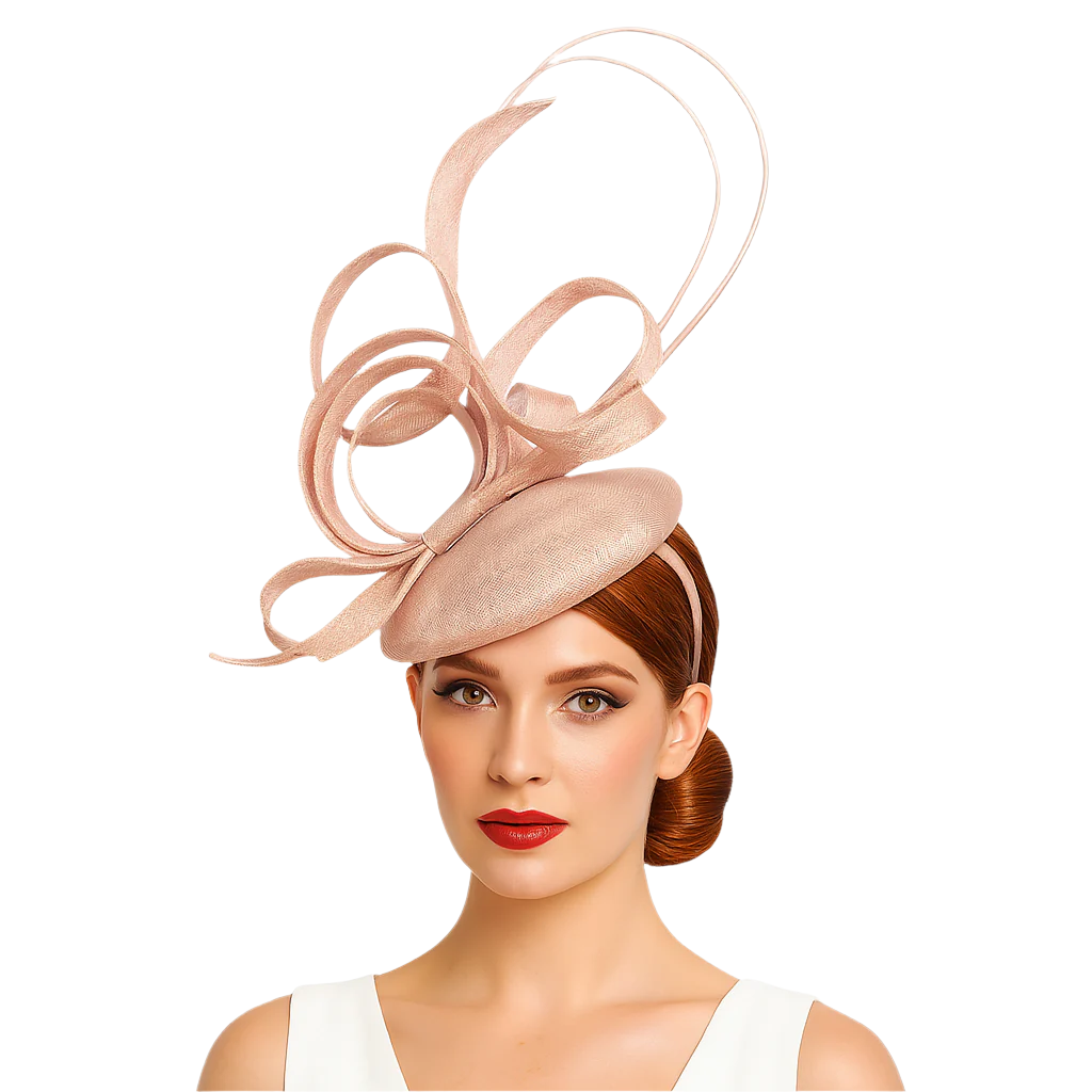 Woman wearing a beige fascinator hat on a white background