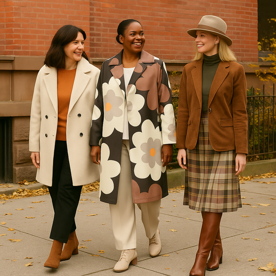 Three women walking together on a sidewalk, dressed in autumnal clothing.