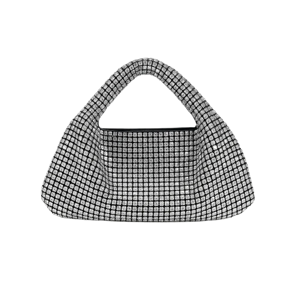 Black handbag with diamond-like embellishments on a white background