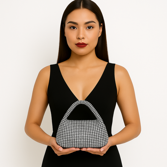 Woman holding a black and white patterned handbag against a plain background