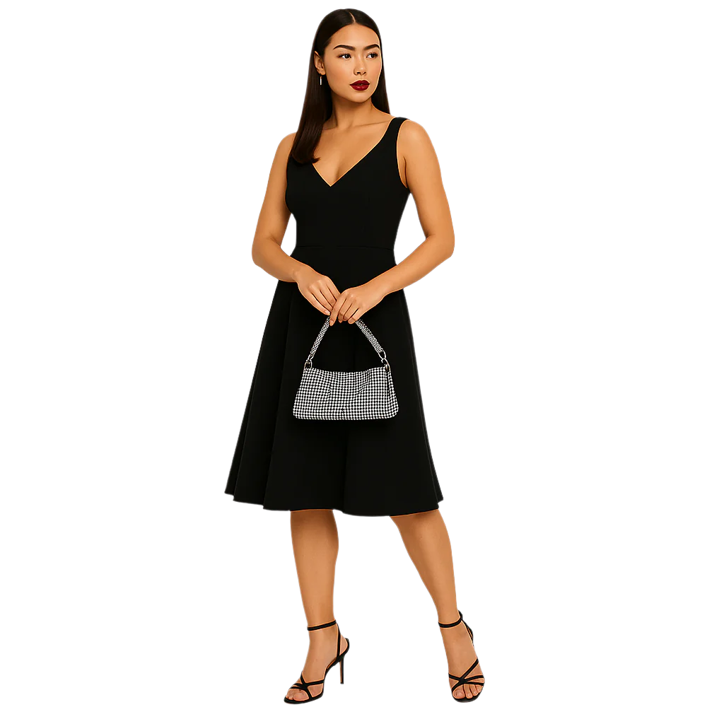 Woman in a black dress holding a silver handbag against a white background