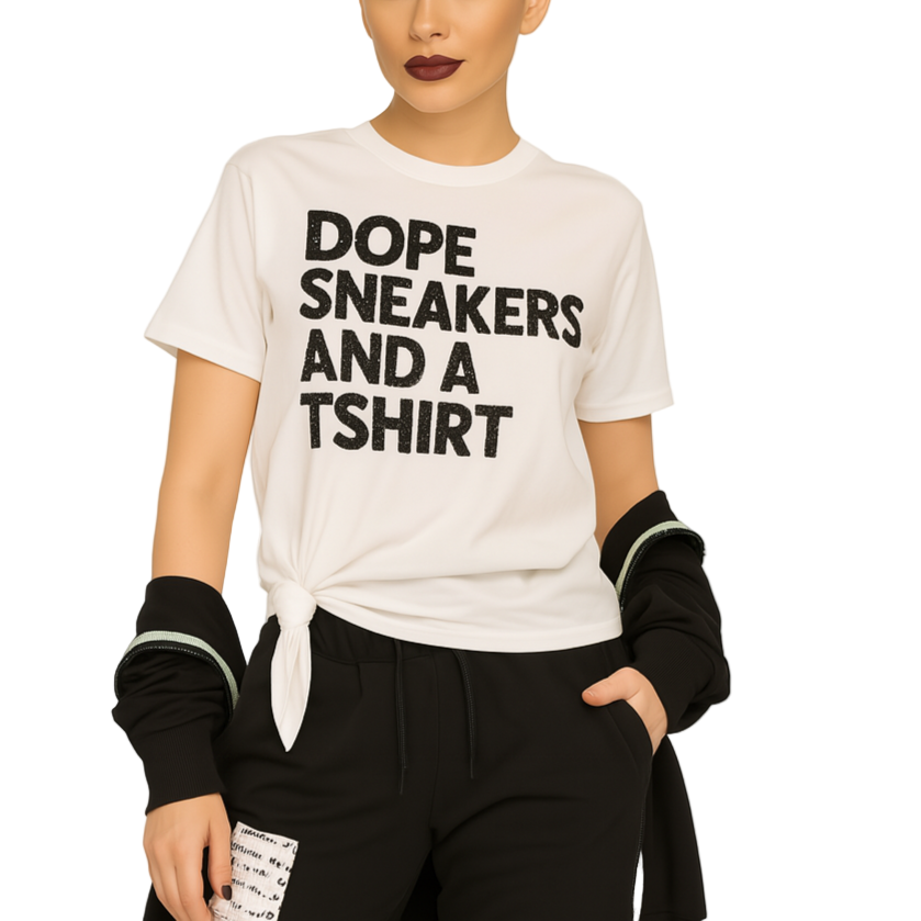 Person wearing a white t-shirt with text, black pants, and black gloves on a white background