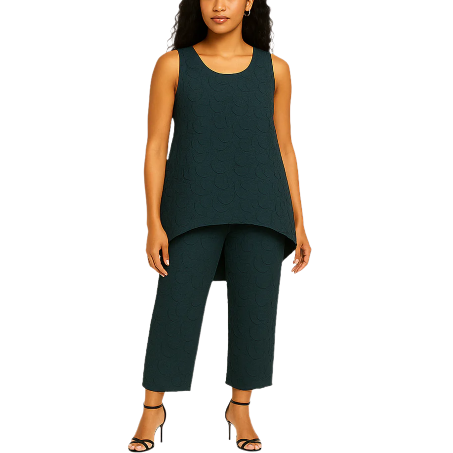 Gershon Bram jacquard set featuring cropped A-line shirt with keyholes and black textured cropped pants