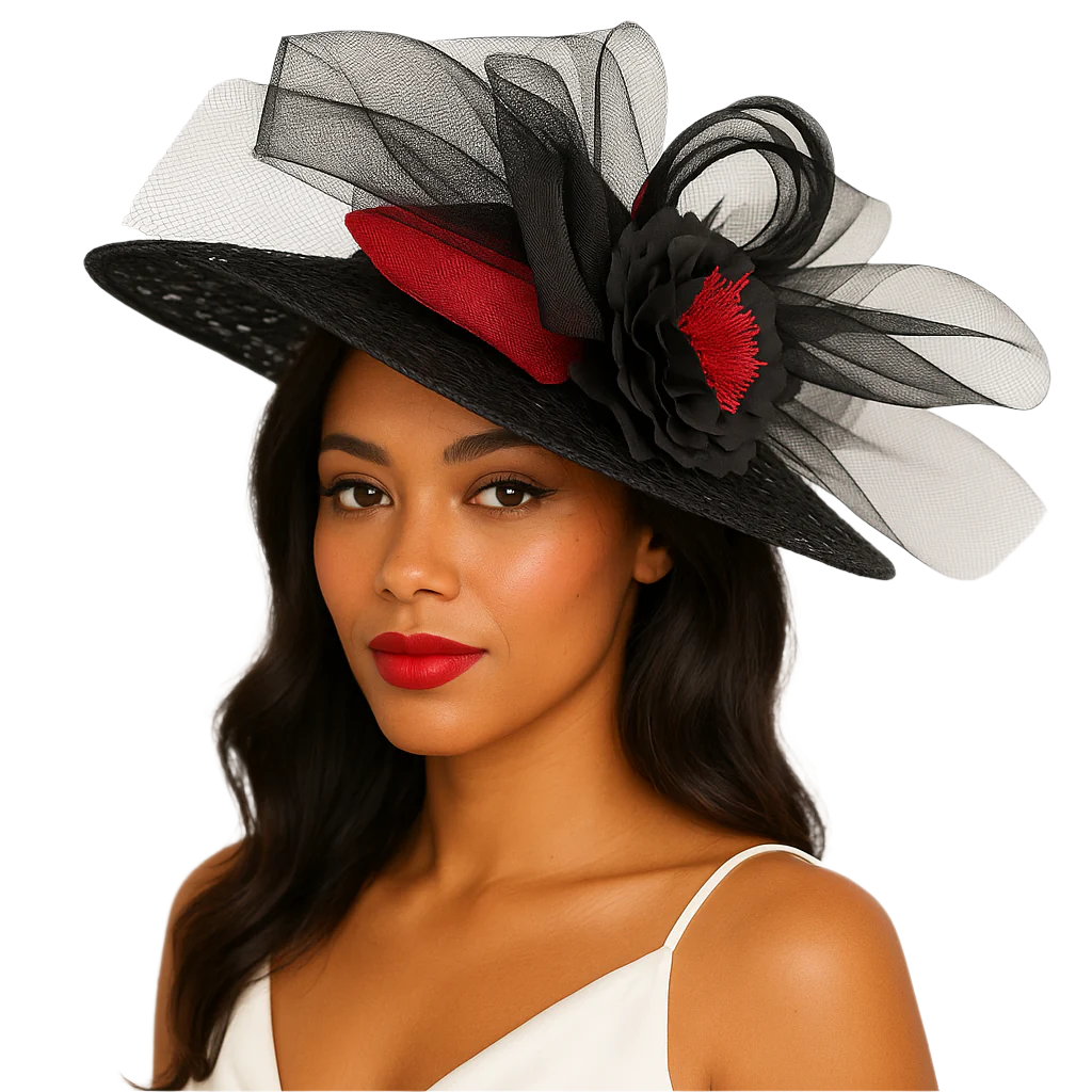 Black fascinator with red sculpted trim, tulle swirls, and floral rosette detail – handmade by Le’ Diva