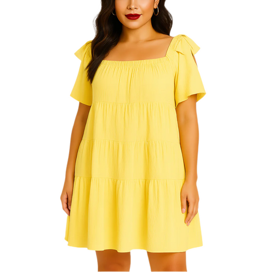 Yellow off-shoulder crinkly babydoll dress with bow tie sleeves and tiered layers, laid flat