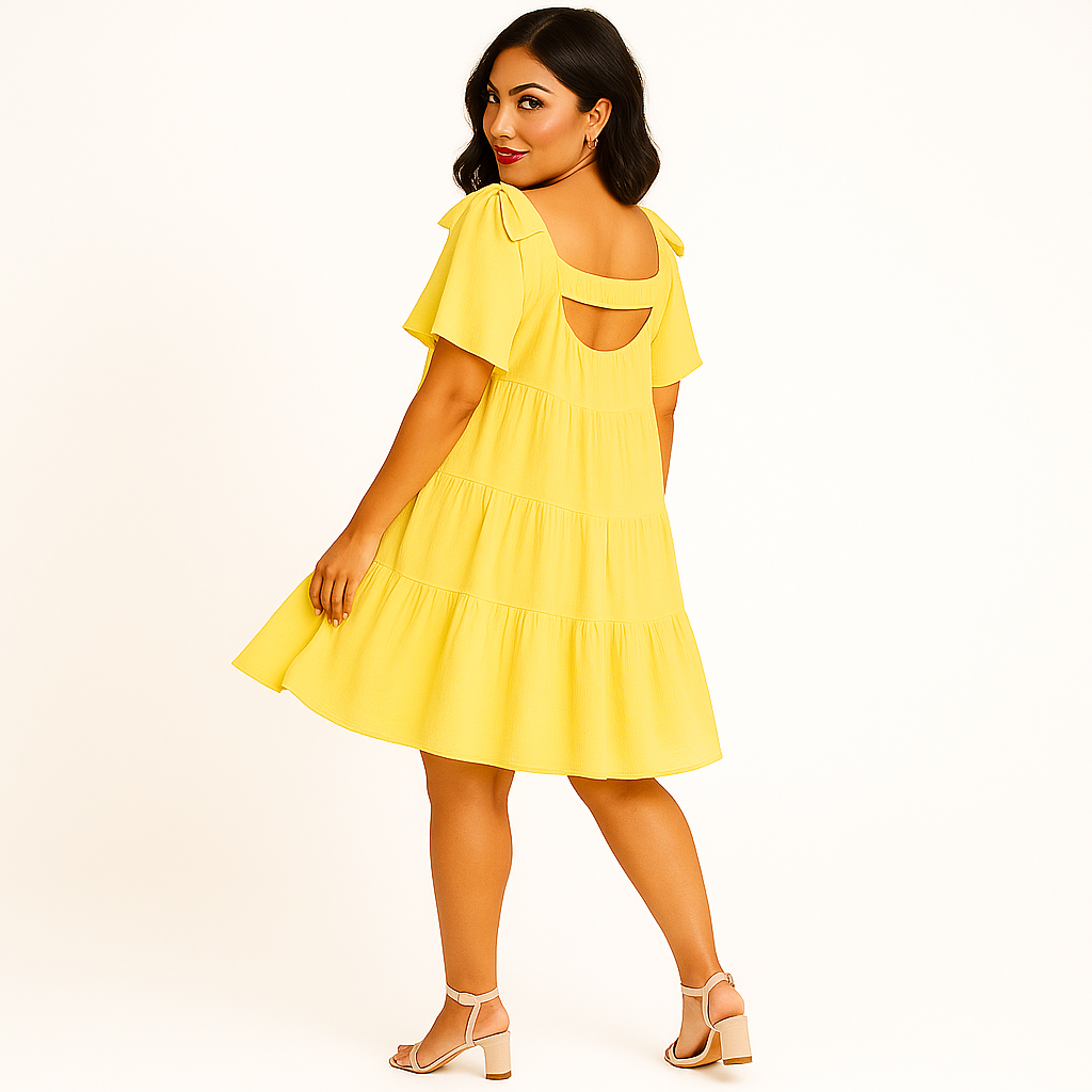 Yellow off-shoulder crinkly babydoll dress with bow tie sleeves and tiered layers, laid flat