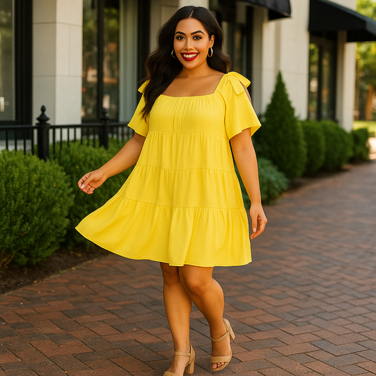 Yellow off-shoulder crinkly babydoll dress with bow tie sleeves and tiered layers, laid flat
