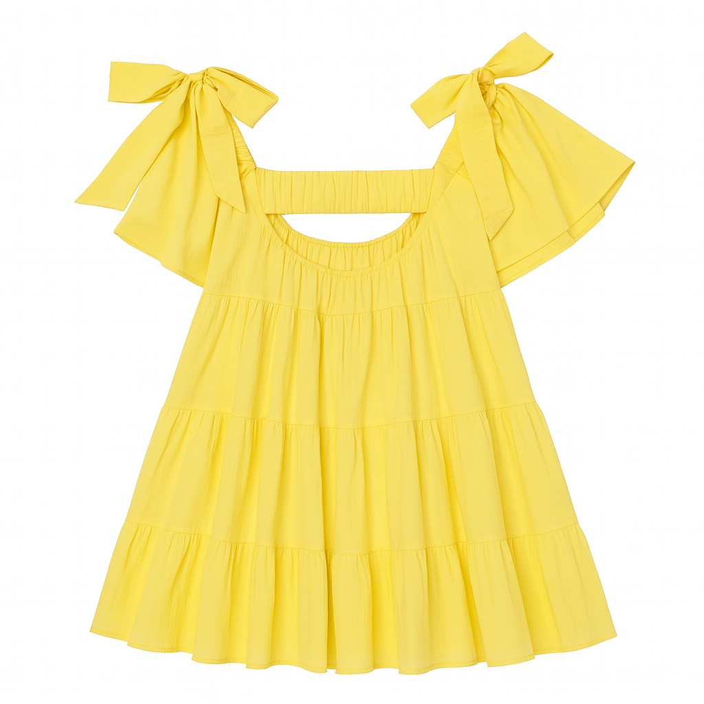 Yellow off-shoulder crinkly babydoll dress with bow tie sleeves and tiered layers, laid flat