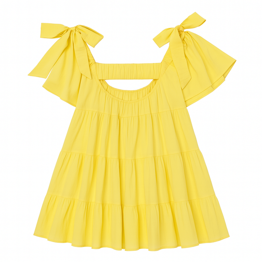 Yellow off-shoulder crinkly babydoll dress with bow tie sleeves and tiered layers, laid flat