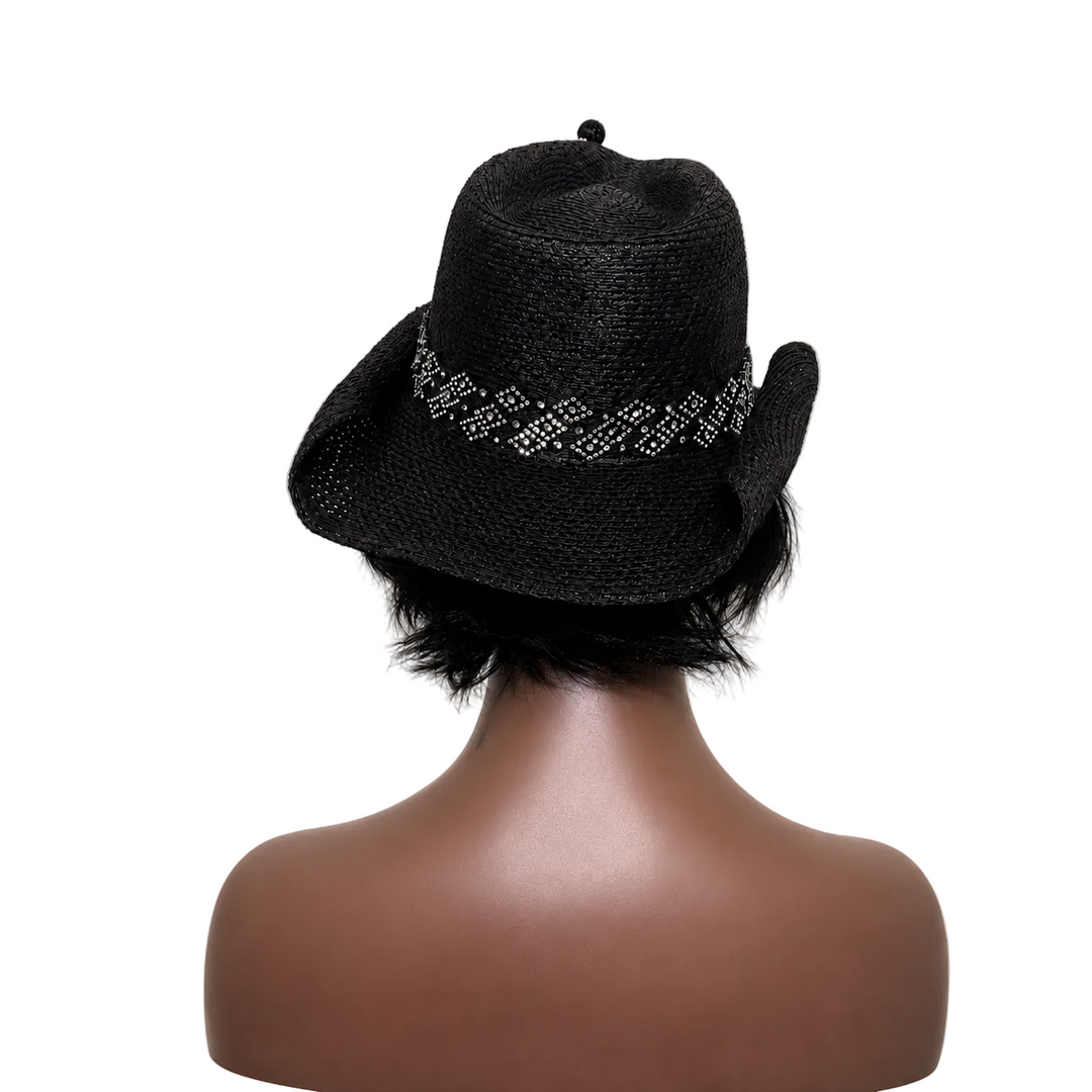 Black straw hat with decorative band on a mannequin head against a beige background