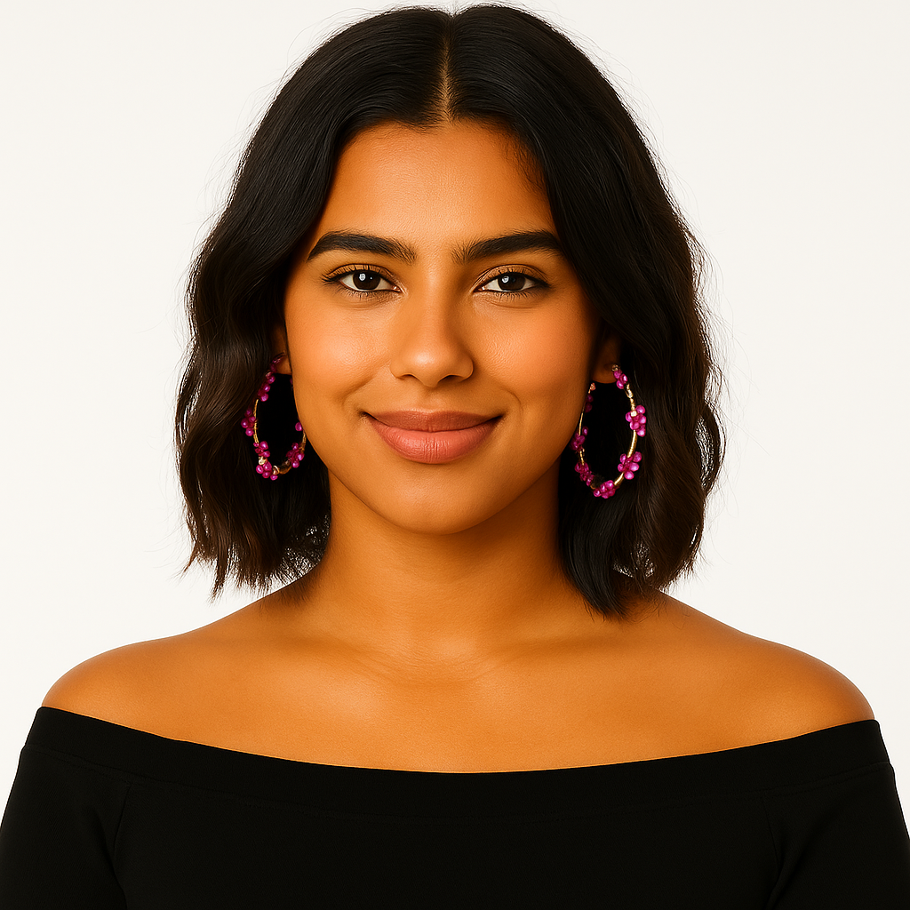 Hot Pink Floral Wire Hoop Earrings