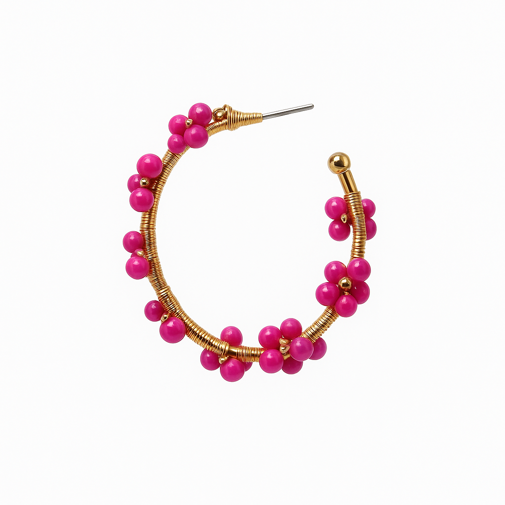 Hot Pink Floral Wire Hoop Earrings