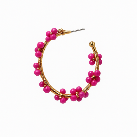 Hot Pink Floral Wire Hoop Earrings