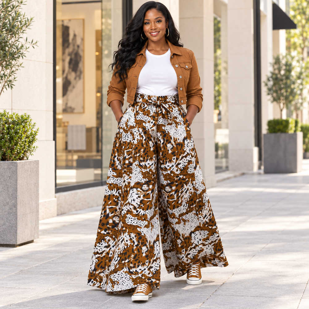 Ankara Abstract Animal Print Wide-Leg Palazzo Pants