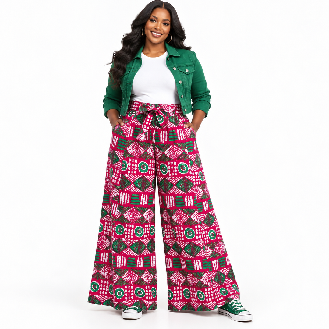 Ankara Fuchsia &amp; Green Wide-Leg Palazzo Pants