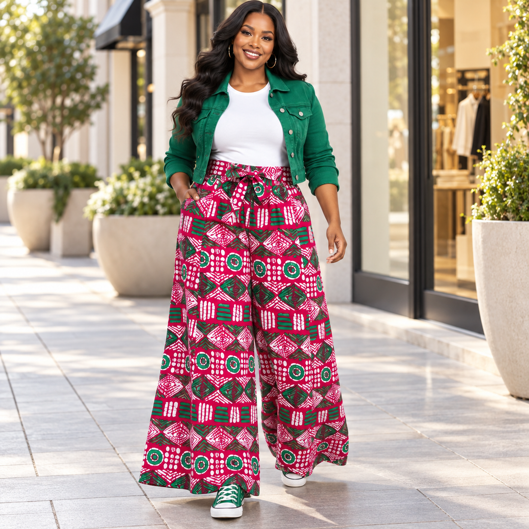 Ankara Fuchsia &amp; Green Wide-Leg Palazzo Pants