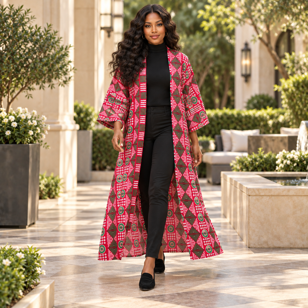 Fuchsia African Print Long Cotton Kimono Duster