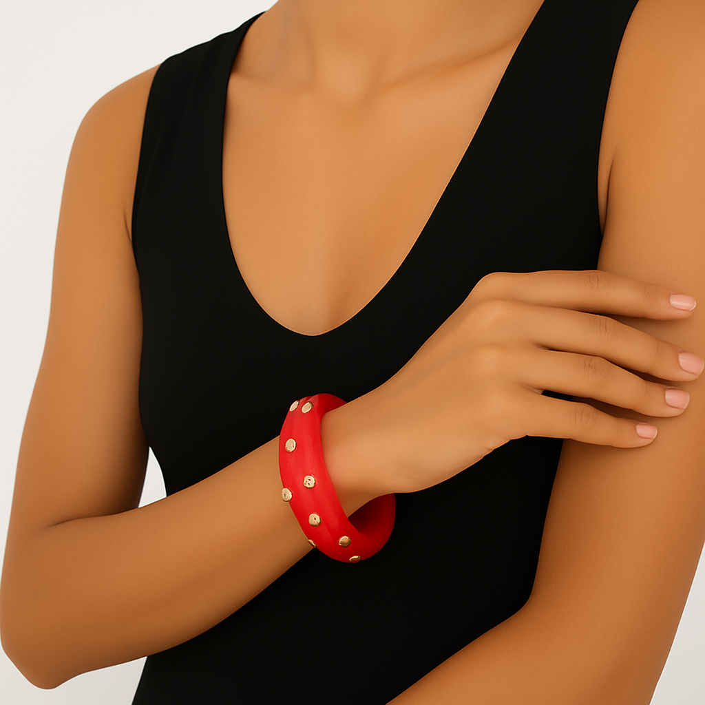 Red Studded Lucite Bangle – Gold Plated Stainless Steel
