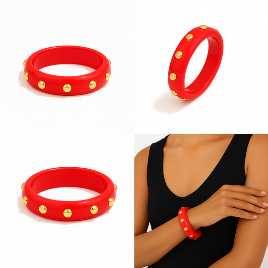 Red Studded Lucite Bangle – Gold Plated Stainless Steel