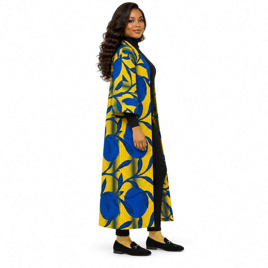 Yellow &amp; Blue African Print Long Cotton Kimono