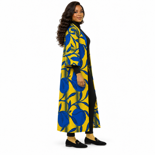 Yellow &amp; Blue African Print Long Cotton Kimono