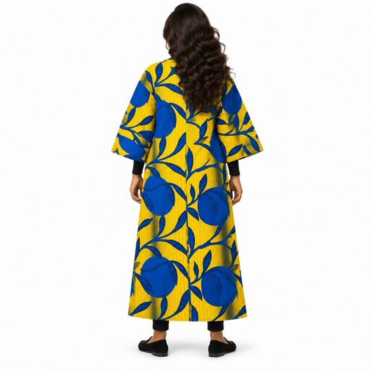 Yellow &amp; Blue African Print Long Cotton Kimono