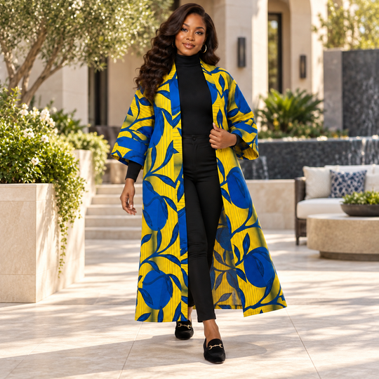 Yellow &amp; Blue African Print Long Cotton Kimono